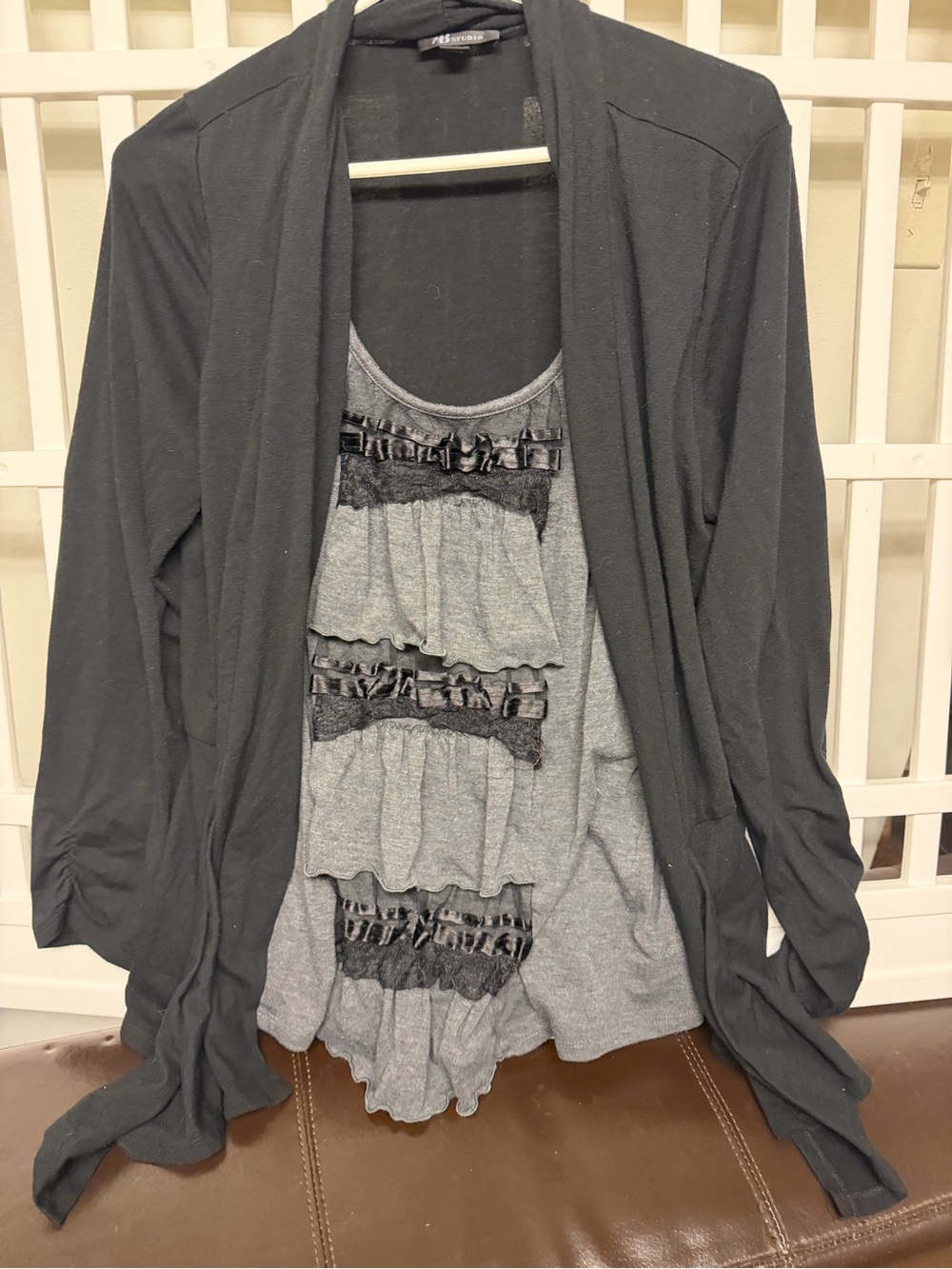 AB Studio Black Layered Cardigan with Gray Ruffle Tank Top